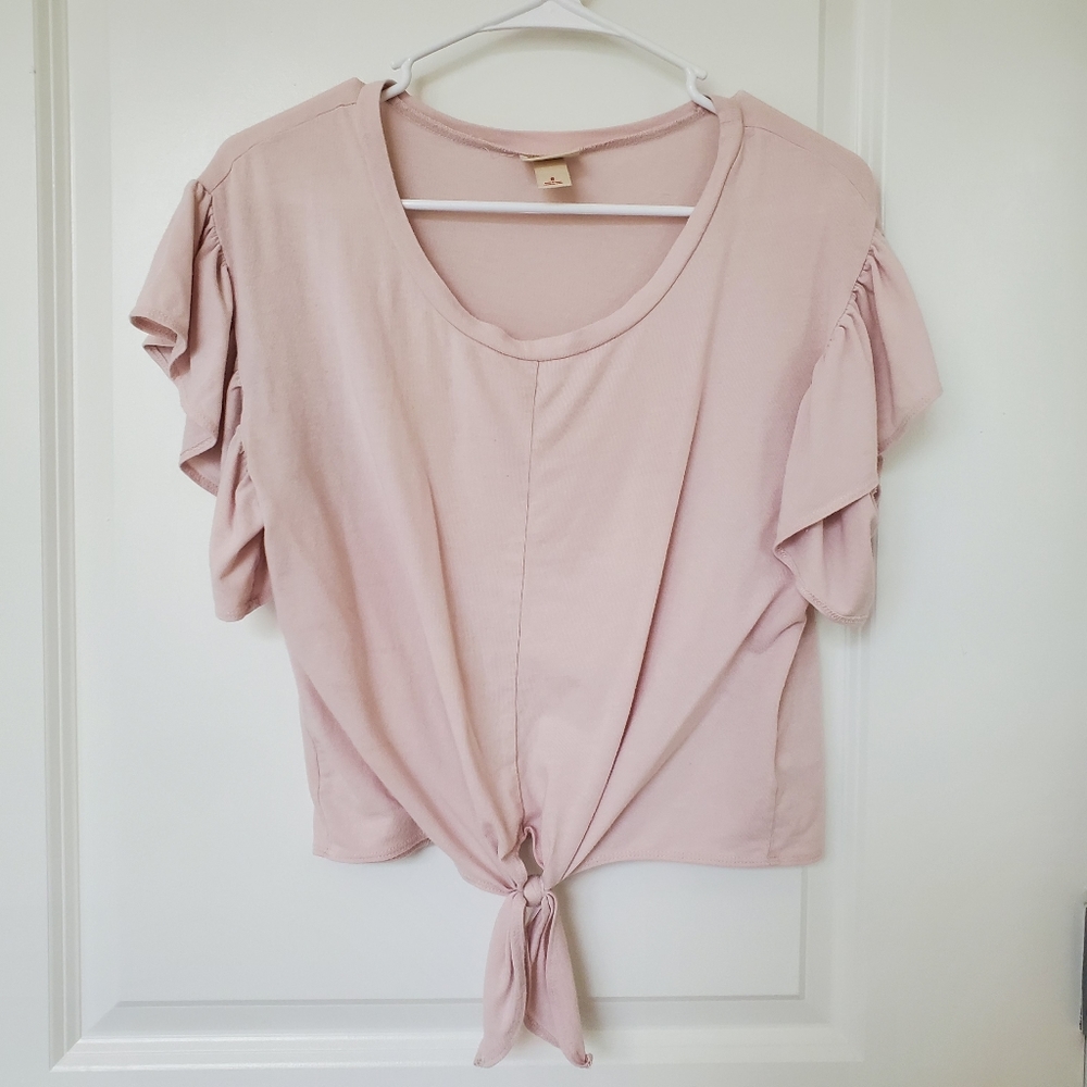 Massimo Pink Ruffle Sleeve Front Tie Crop Top